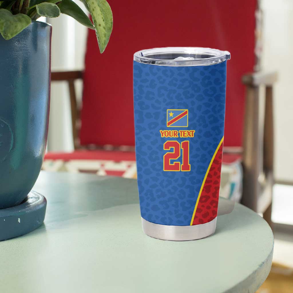 Africa DR Congo Football Custom Tumbler Cup Blue Leopard Skin Pattern - African Pride