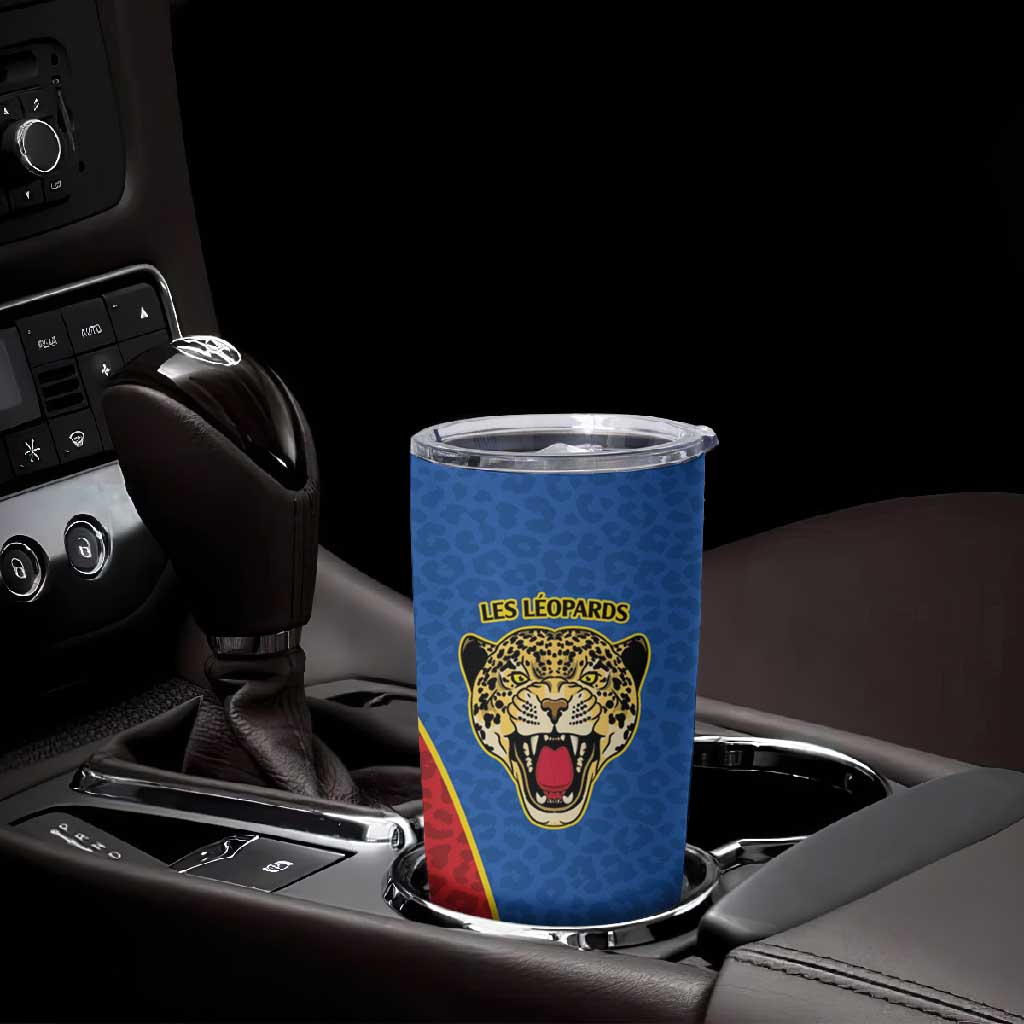 Africa DR Congo Football Custom Tumbler Cup Blue Leopard Skin Pattern - African Pride