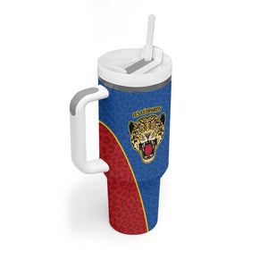 Africa DR Congo Football Custom Tumbler With Handle Blue Leopard Skin Pattern - African Pride