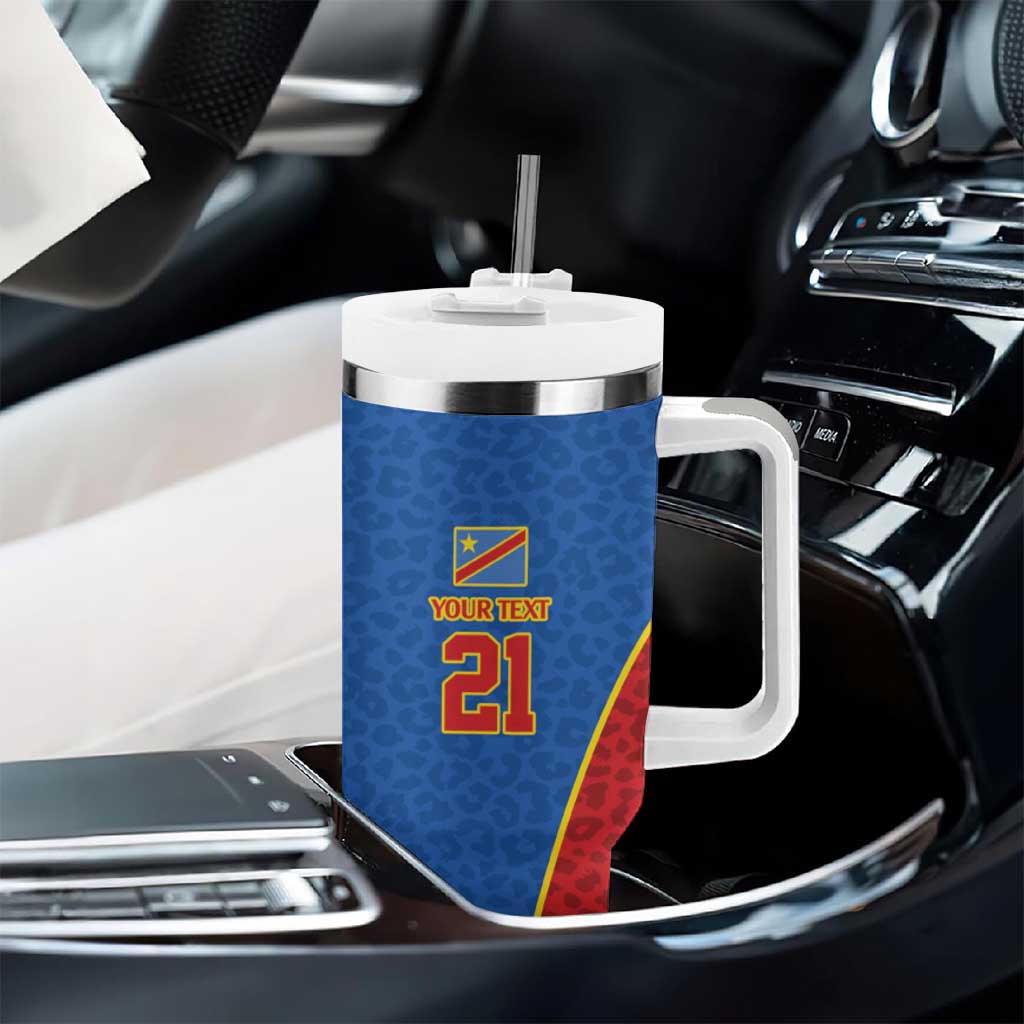 Africa DR Congo Football Custom Tumbler With Handle Blue Leopard Skin Pattern - African Pride