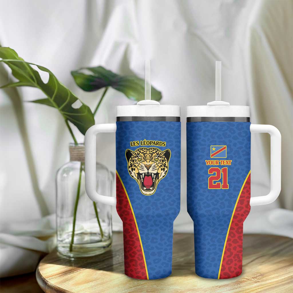 Africa DR Congo Football Custom Tumbler With Handle Blue Leopard Skin Pattern - African Pride