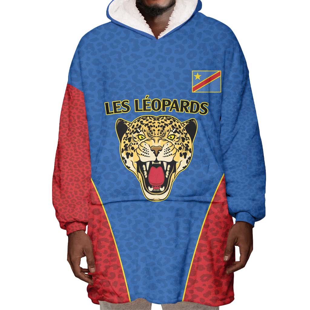 Africa DR Congo Football Custom Wearable Blanket Hoodie Blue Leopard Skin Pattern - African Pride
