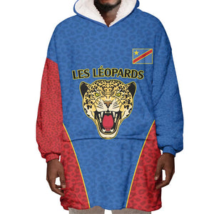 Africa DR Congo Football Custom Wearable Blanket Hoodie Blue Leopard Skin Pattern - African Pride