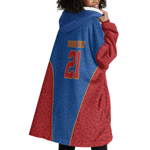 Africa DR Congo Football Custom Wearable Blanket Hoodie Blue Leopard Skin Pattern - African Pride
