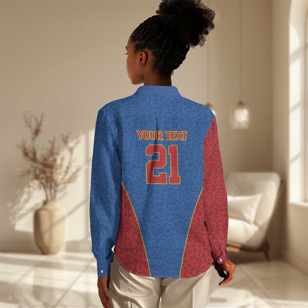 Africa DR Congo Football Custom Women Casual Shirt Blue Leopard Skin Pattern - African Pride