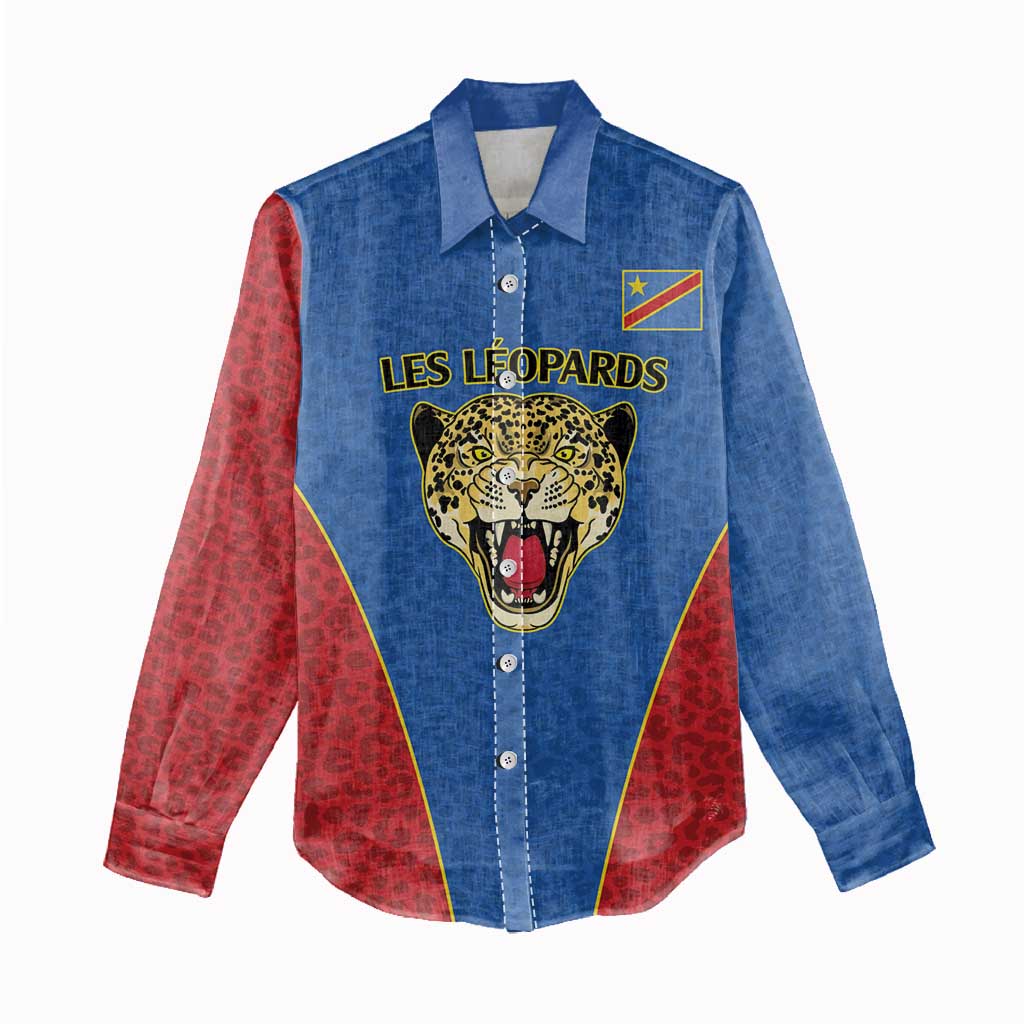 Africa DR Congo Football Custom Women Casual Shirt Blue Leopard Skin Pattern - African Pride
