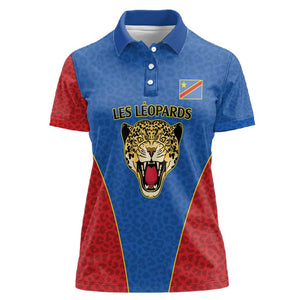 Africa DR Congo Football Custom Women Polo Shirt Blue Leopard Skin Pattern - African Pride