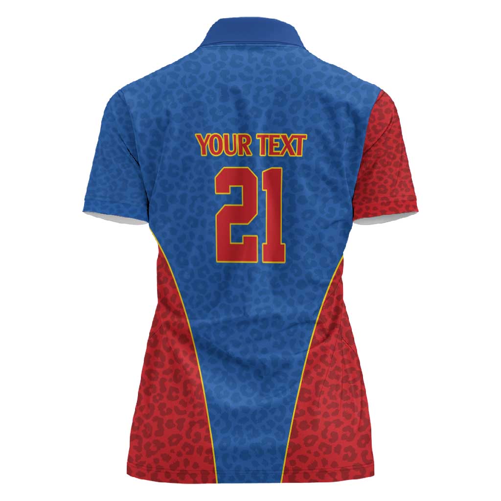 Africa DR Congo Football Custom Women Polo Shirt Blue Leopard Skin Pattern - African Pride