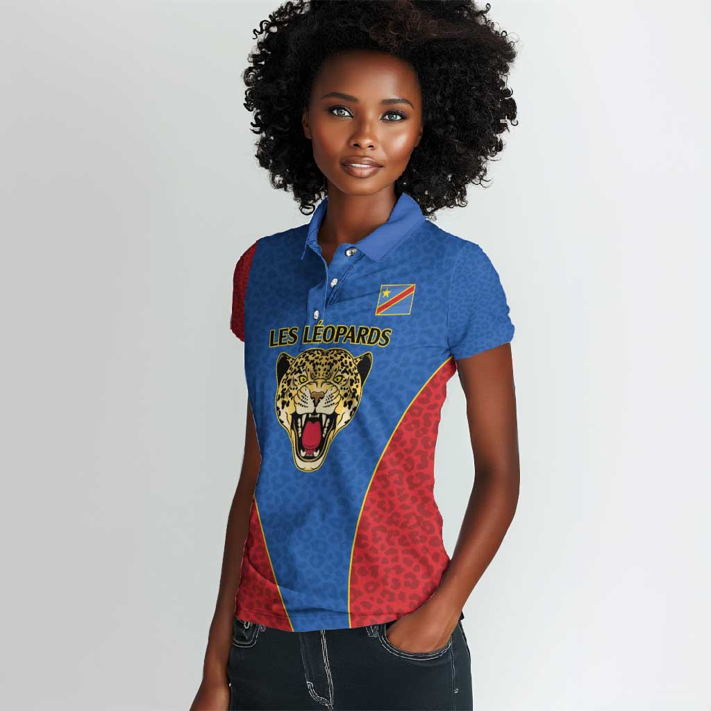 Africa DR Congo Football Custom Women Polo Shirt Blue Leopard Skin Pattern - African Pride