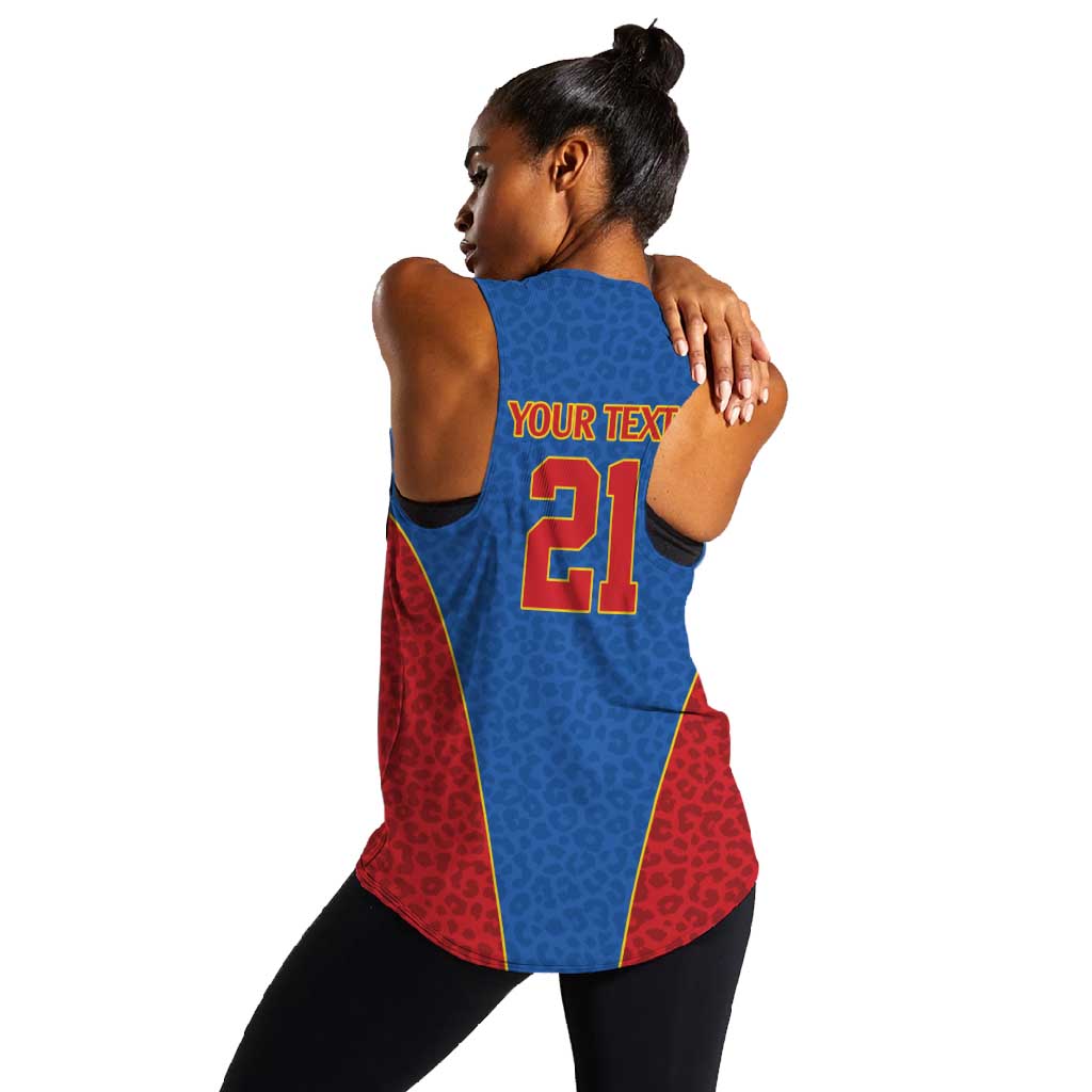 Africa DR Congo Football Custom Women Racerback Tank Blue Leopard Skin Pattern - African Pride