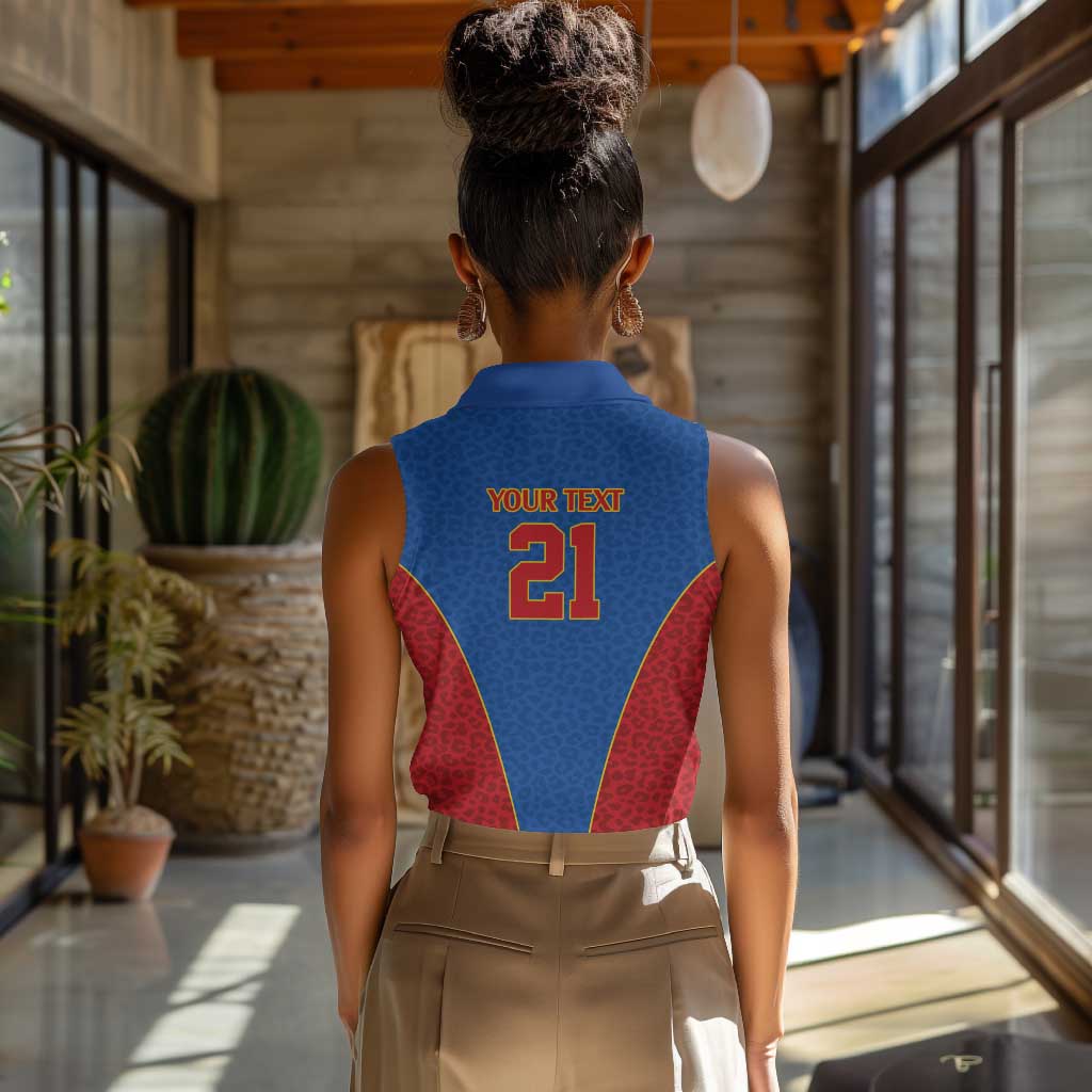 Africa DR Congo Football Custom Women Sleeveless Polo Shirt Blue Leopard Skin Pattern - African Pride