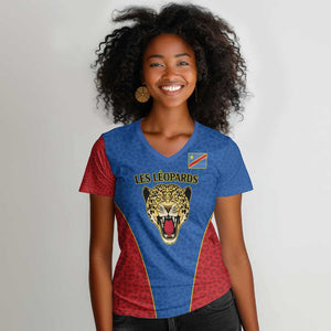 Africa DR Congo Football Custom Women V-Neck T-Shirt Blue Leopard Skin Pattern - African Pride