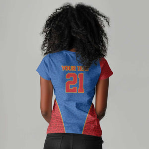 Africa DR Congo Football Custom Women V-Neck T-Shirt Blue Leopard Skin Pattern - African Pride