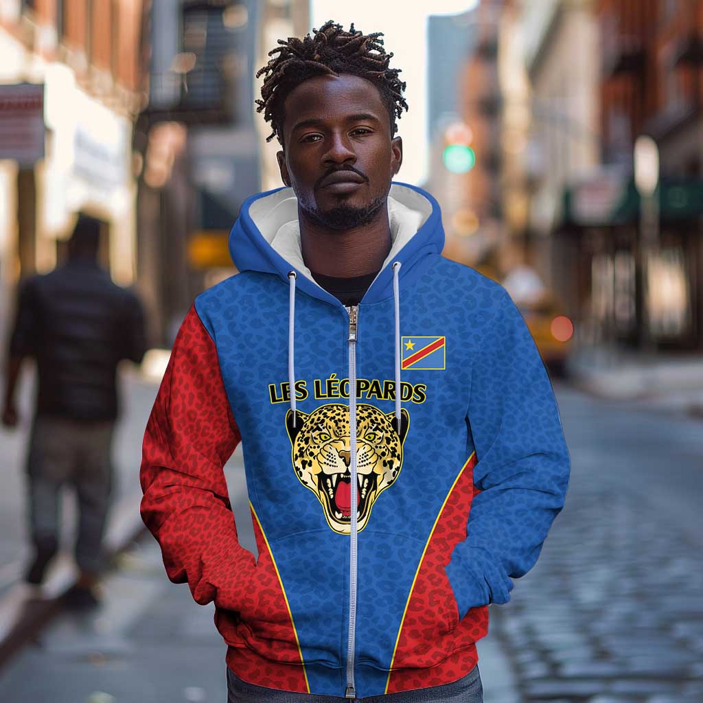 Africa DR Congo Football Custom Zip Hoodie Blue Leopard Skin Pattern - African Pride