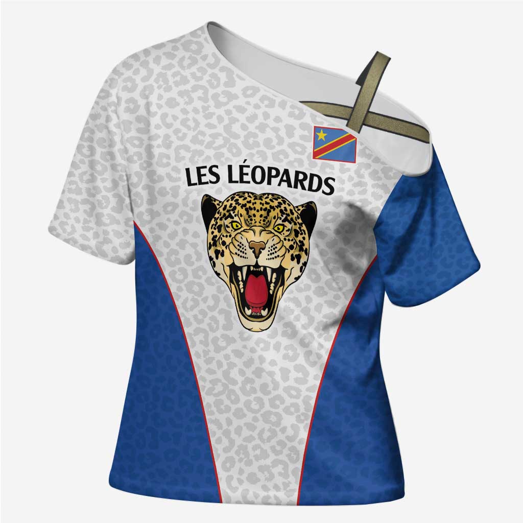 Africa DR Congo Football Custom Cross Shoulder Shirt White Leopard Skin Pattern