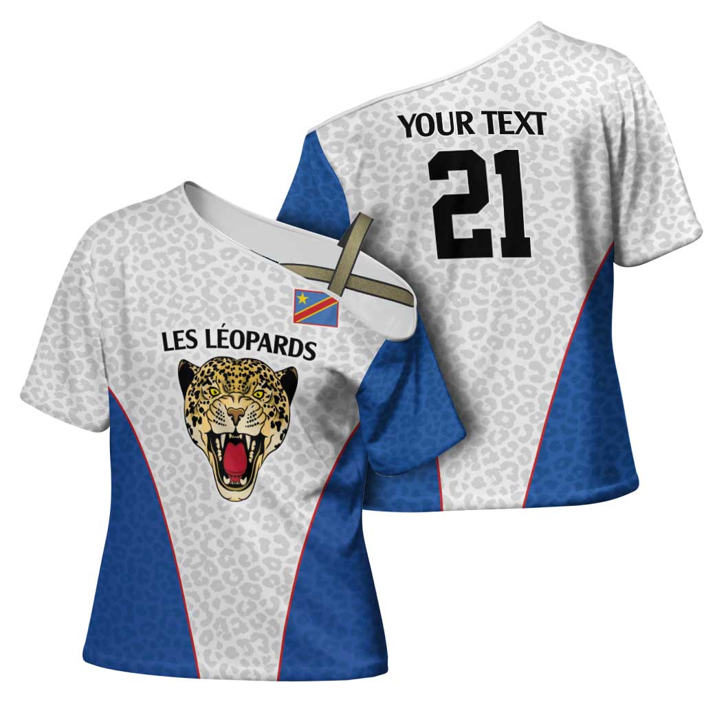 Africa DR Congo Football Custom Cross Shoulder Shirt White Leopard Skin Pattern