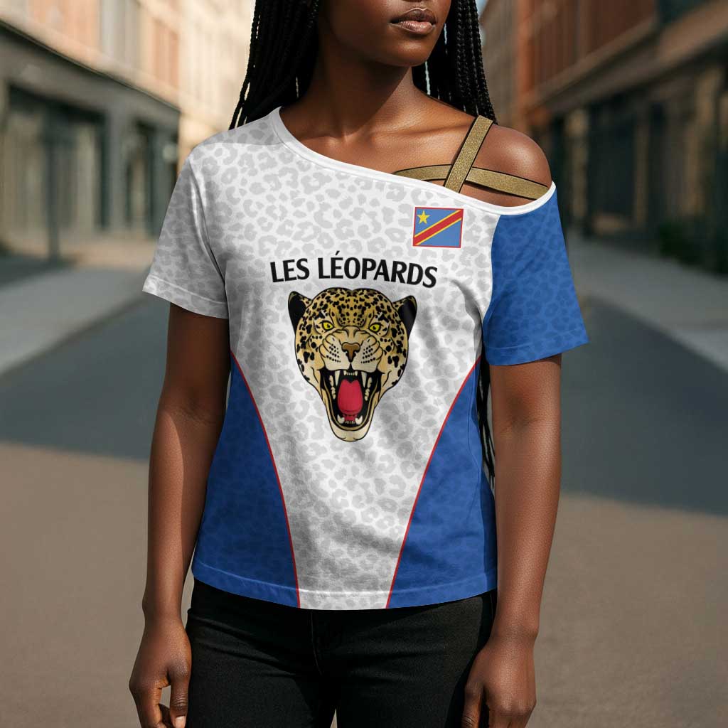 Africa DR Congo Football Custom Cross Shoulder Shirt White Leopard Skin Pattern