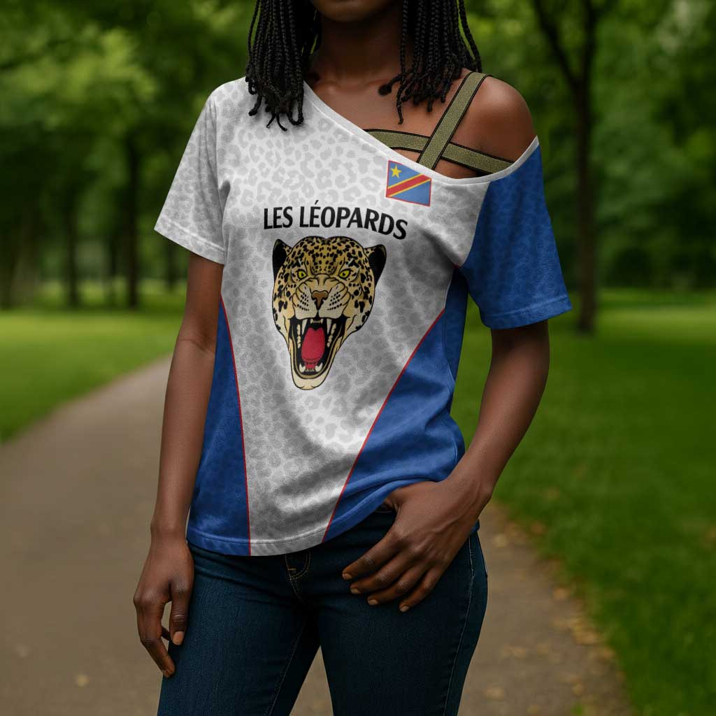 Africa DR Congo Football Custom Cross Shoulder Shirt White Leopard Skin Pattern