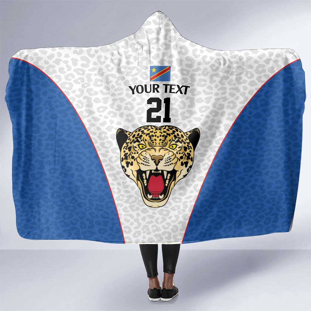 Africa DR Congo Football Custom Hooded Blanket White Leopard Skin Pattern - African Pride