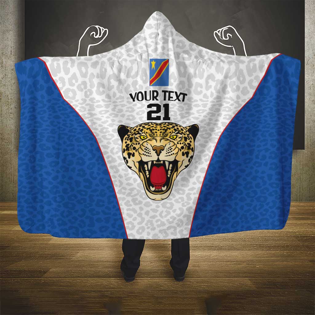 Africa DR Congo Football Custom Hooded Blanket White Leopard Skin Pattern - African Pride