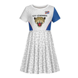 Africa DR Congo Football Custom Kid Short Sleeve Dress White Leopard Skin Pattern - African Pride