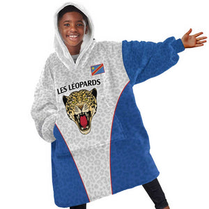 Africa DR Congo Football Custom Kid Wearable Blanket Hoodie White Leopard Skin Pattern - African Pride
