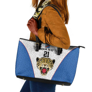 Africa DR Congo Football Custom Leather Tote Bag White Leopard Skin Pattern - African Pride