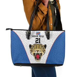 Africa DR Congo Football Custom Leather Tote Bag White Leopard Skin Pattern - African Pride