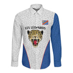 Africa DR Congo Football Custom Long Sleeve Button Shirt White Leopard Skin Pattern - African Pride