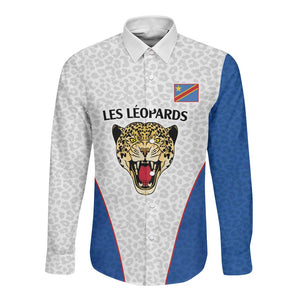 Africa DR Congo Football Custom Long Sleeve Button Shirt White Leopard Skin Pattern - African Pride