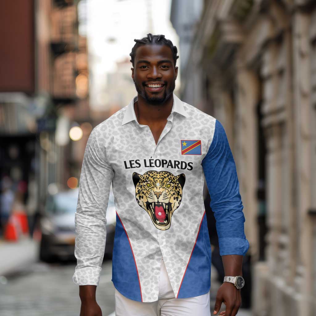 Africa DR Congo Football Custom Long Sleeve Button Shirt White Leopard Skin Pattern - African Pride