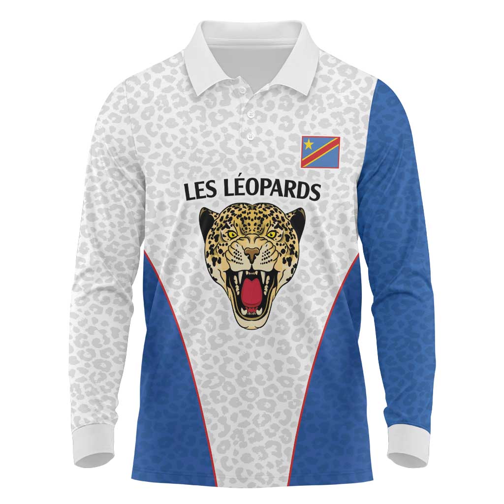Africa DR Congo Football Custom Long Sleeve Polo Shirt White Leopard Skin Pattern - African Pride