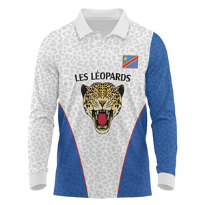 Africa DR Congo Football Custom Long Sleeve Polo Shirt White Leopard Skin Pattern - African Pride