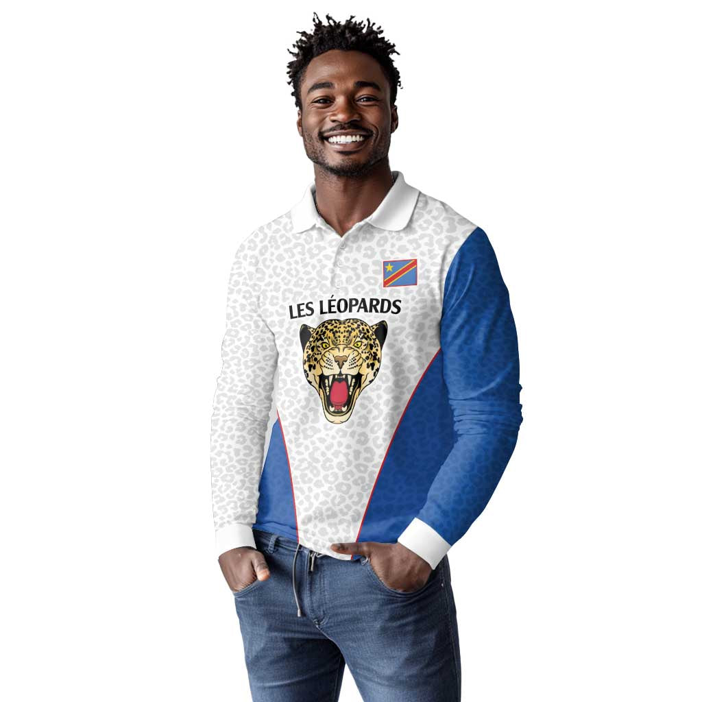 Africa DR Congo Football Custom Long Sleeve Polo Shirt White Leopard Skin Pattern - African Pride