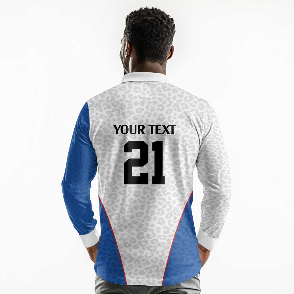 Africa DR Congo Football Custom Long Sleeve Polo Shirt White Leopard Skin Pattern - African Pride