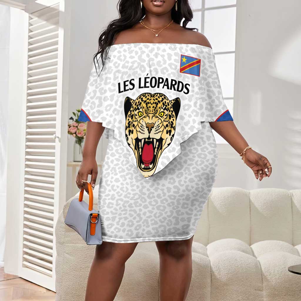 Africa DR Congo Football Custom Off Shoulder Short Dress White Leopard Skin Pattern - African Pride