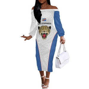 Africa DR Congo Football Custom Off The Shoulder Long Sleeve Dress White Leopard Skin Pattern - African Pride