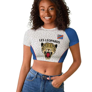 Africa DR Congo Football Custom Raglan Cropped T shirt White Leopard Skin Pattern - African Pride