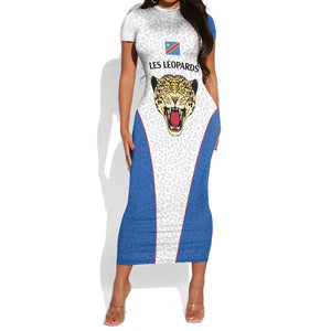Africa DR Congo Football Custom Short Sleeve Bodycon Dress White Leopard Skin Pattern - African Pride