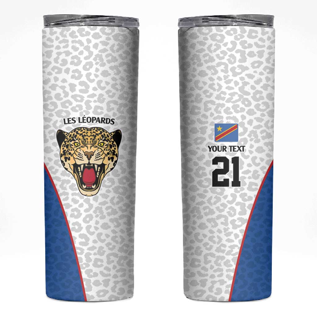 Africa DR Congo Football Custom Skinny Tumbler White Leopard Skin Pattern - African Pride
