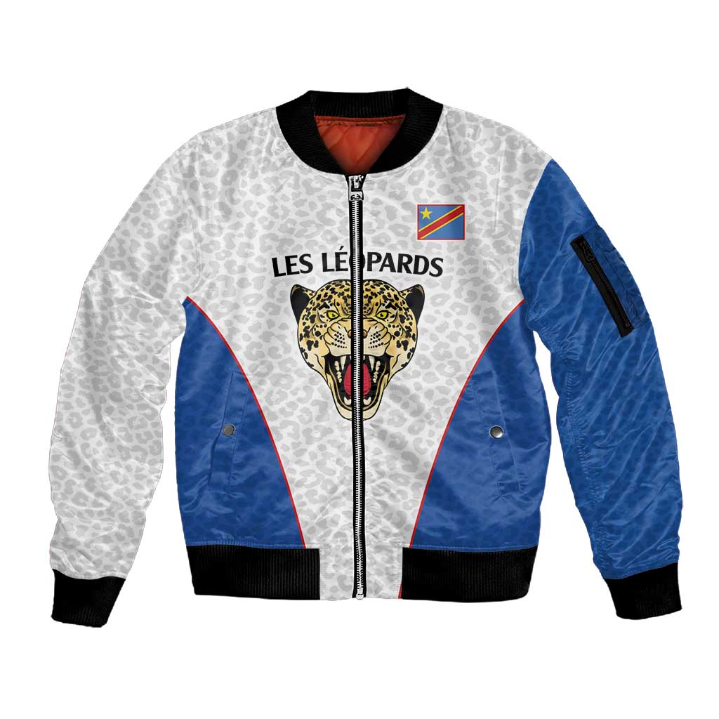 Africa DR Congo Football Custom Sleeve Zip Bomber Jacket White Leopard Skin Pattern - African Pride