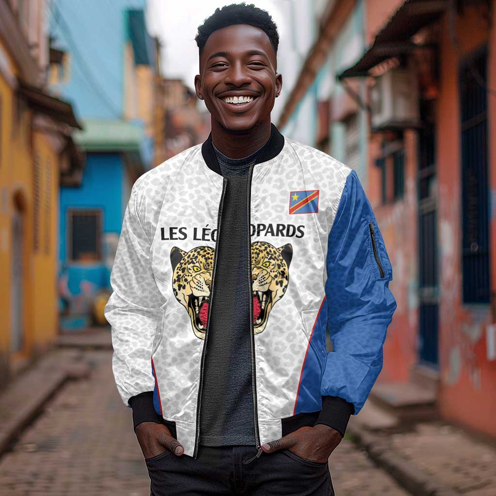 Africa DR Congo Football Custom Sleeve Zip Bomber Jacket White Leopard Skin Pattern - African Pride