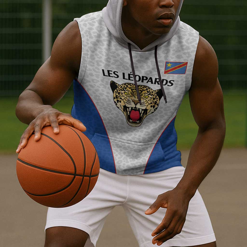 Africa DR Congo Football Custom Sleeveless Hoodie White Leopard Skin Pattern - African Pride