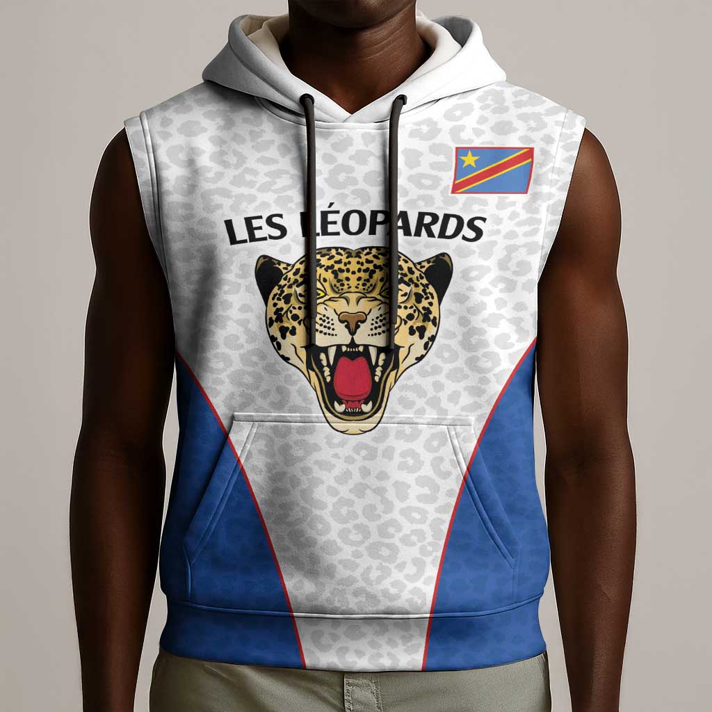 Africa DR Congo Football Custom Sleeveless Hoodie White Leopard Skin Pattern - African Pride