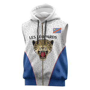 Africa DR Congo Football Custom Sleeveless Zip Hoodie White Leopard Skin Pattern - African Pride