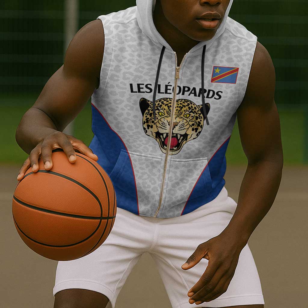 Africa DR Congo Football Custom Sleeveless Zip Hoodie White Leopard Skin Pattern - African Pride