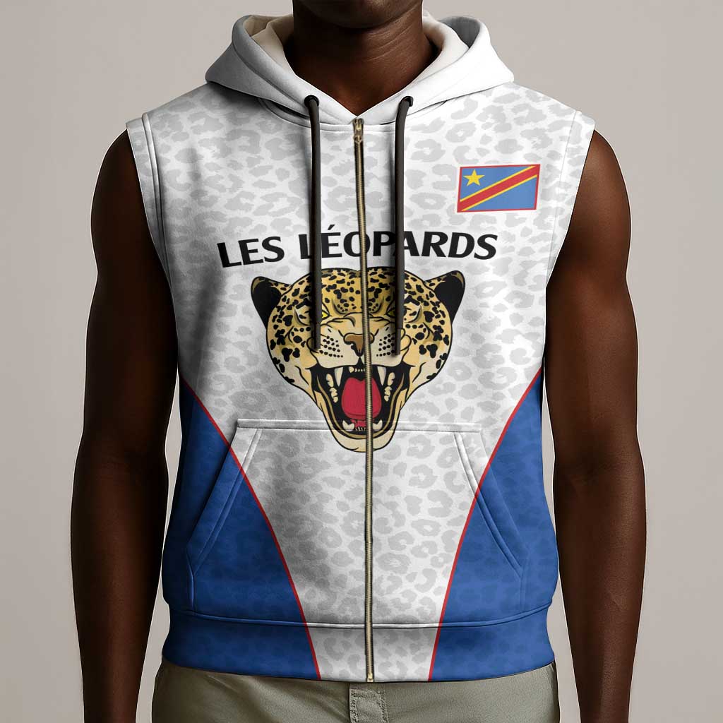 Africa DR Congo Football Custom Sleeveless Zip Hoodie White Leopard Skin Pattern - African Pride