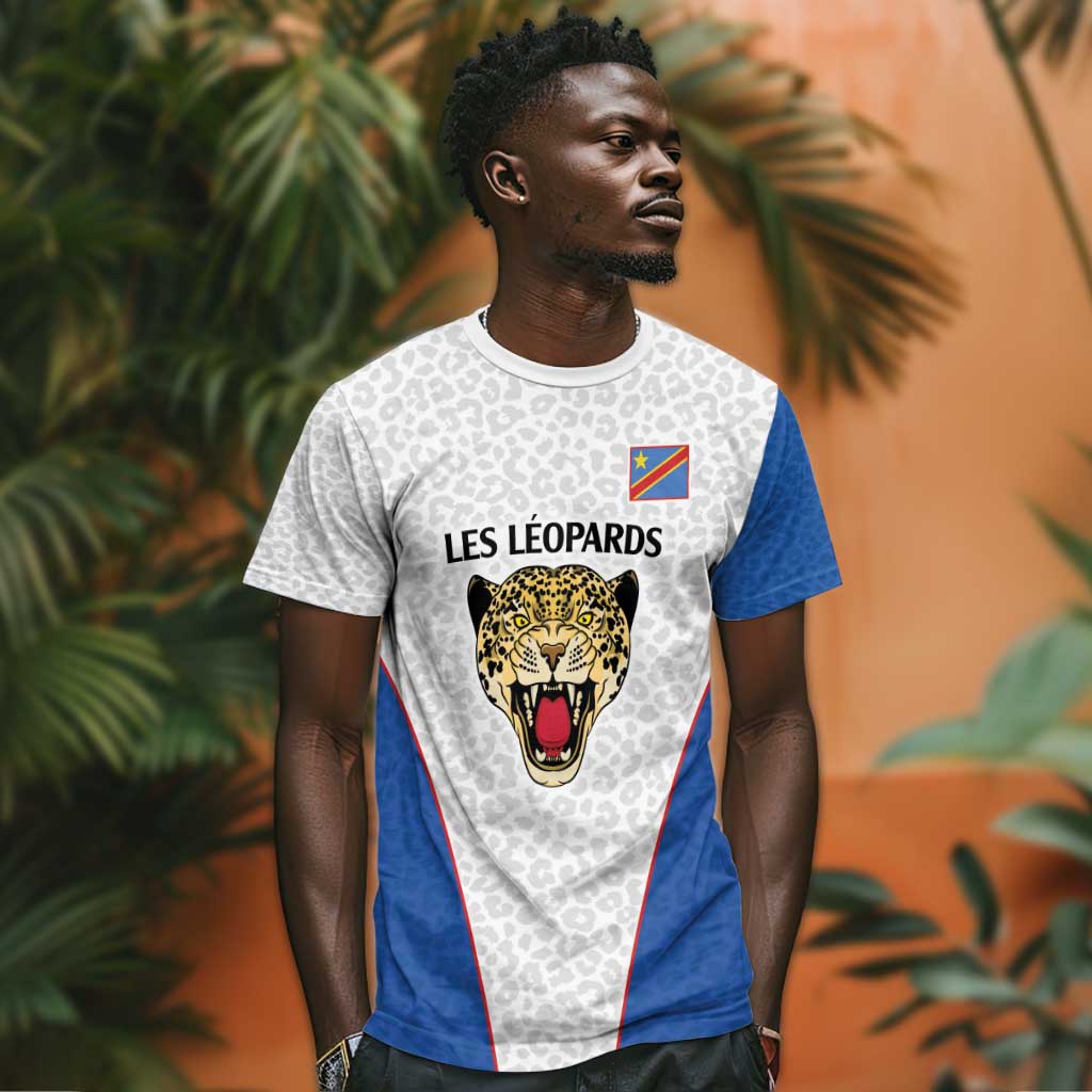 Africa DR Congo Football Custom T shirt White Leopard Skin Pattern - African Pride