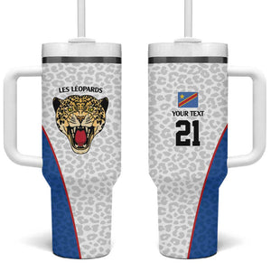 Africa DR Congo Football Custom Tumbler With Handle White Leopard Skin Pattern - African Pride