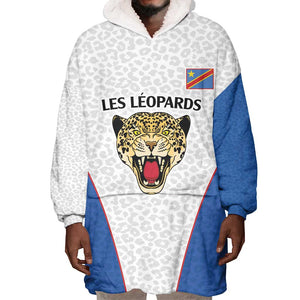 Africa DR Congo Football Custom Wearable Blanket Hoodie White Leopard Skin Pattern - African Pride